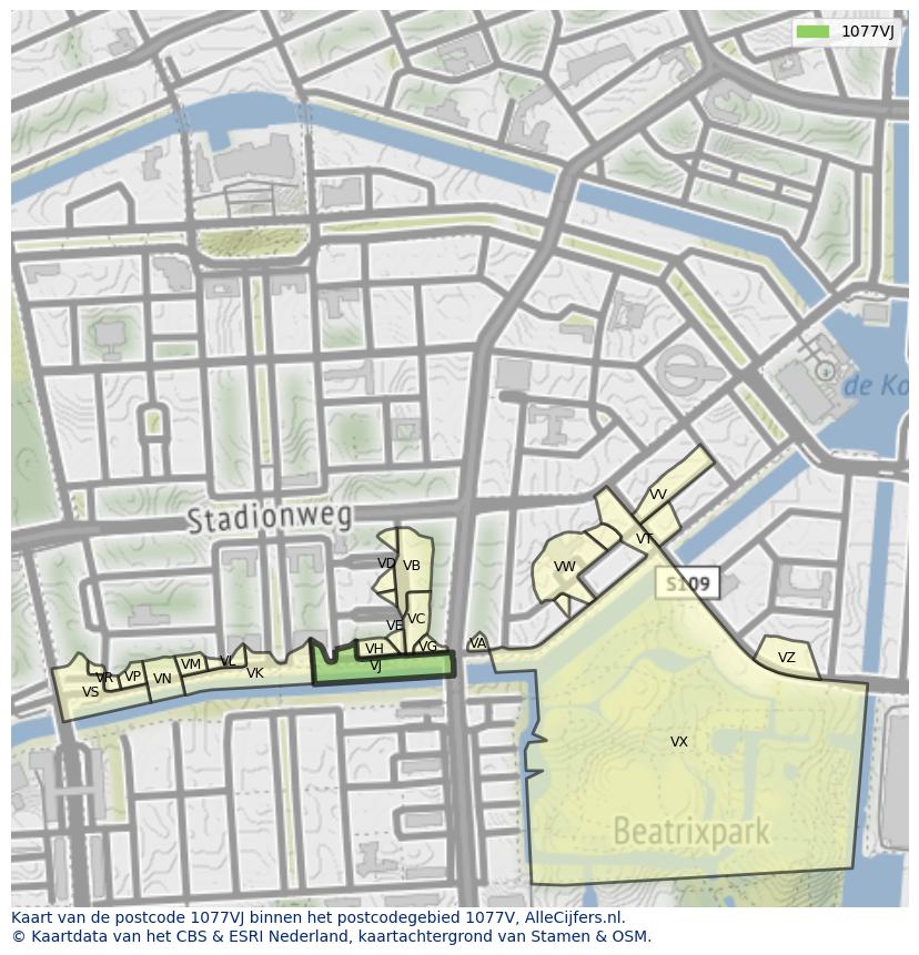 Afbeelding van het postcodegebied 1077 VJ op de kaart.