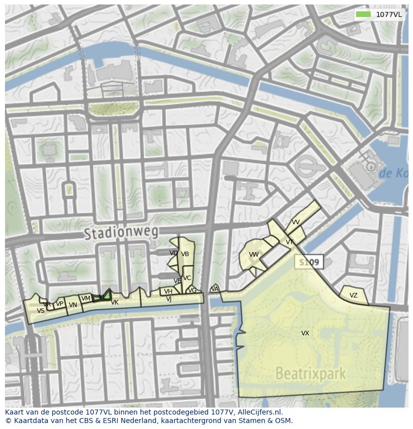 Afbeelding van het postcodegebied 1077 VL op de kaart.