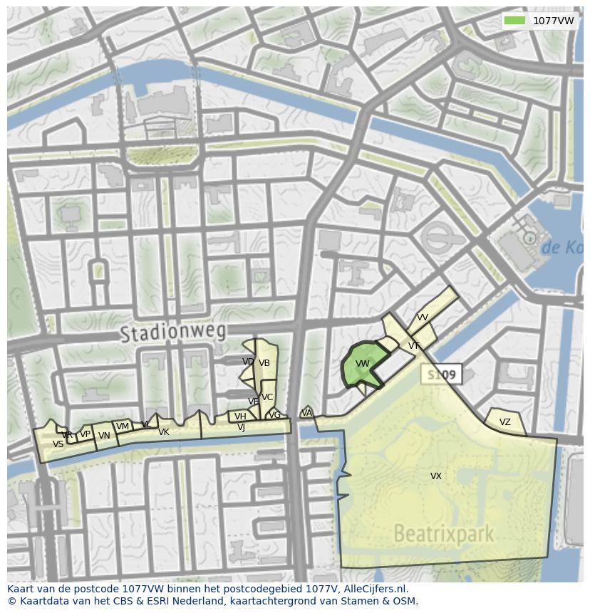 Afbeelding van het postcodegebied 1077 VW op de kaart.