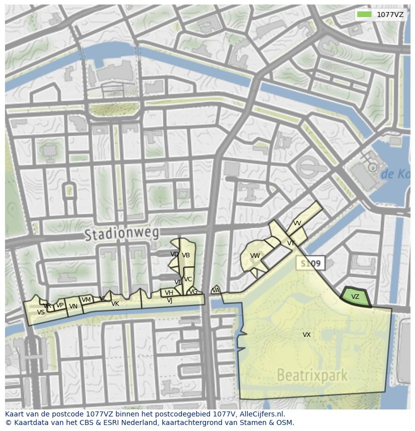 Afbeelding van het postcodegebied 1077 VZ op de kaart.