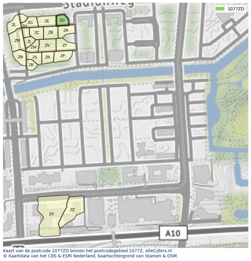 Afbeelding van het postcodegebied 1077 ZD op de kaart.