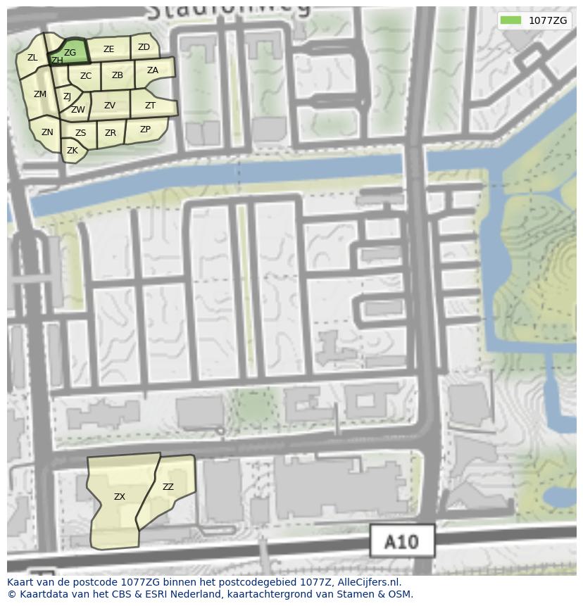 Afbeelding van het postcodegebied 1077 ZG op de kaart.