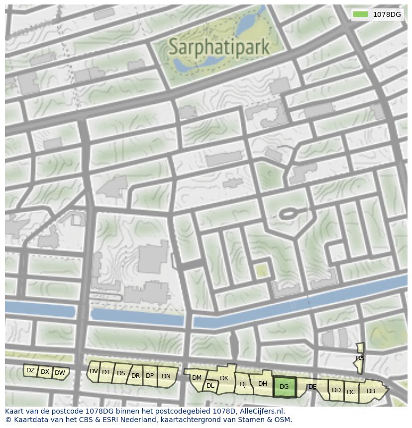 Afbeelding van het postcodegebied 1078 DG op de kaart.