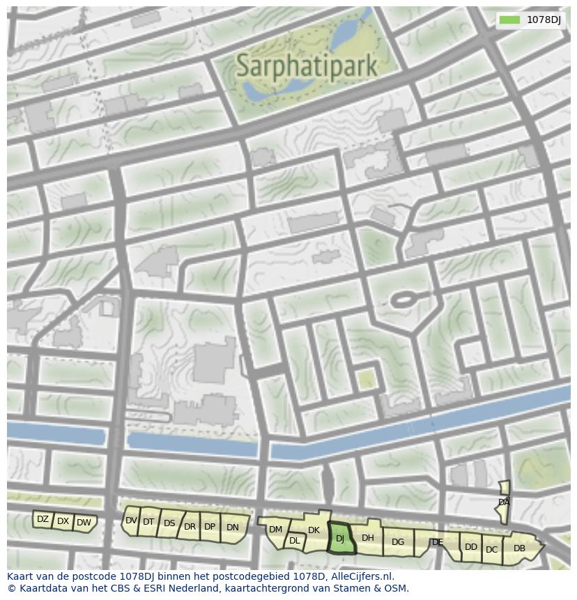 Afbeelding van het postcodegebied 1078 DJ op de kaart.