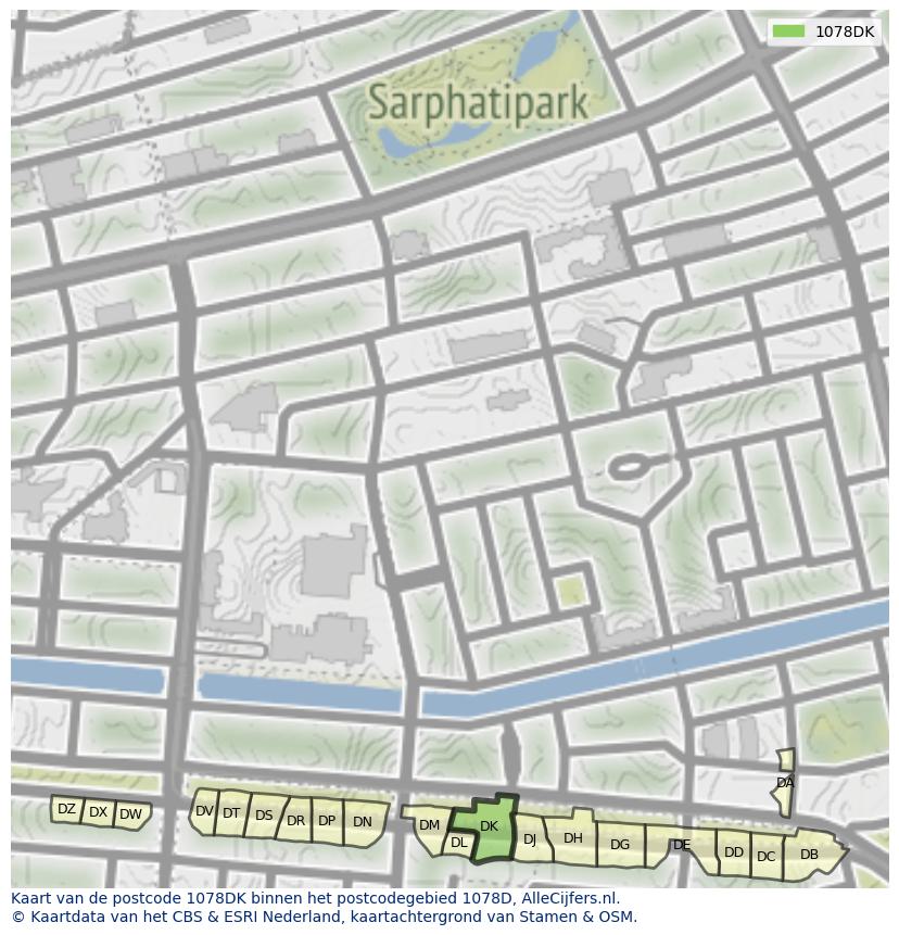 Afbeelding van het postcodegebied 1078 DK op de kaart.
