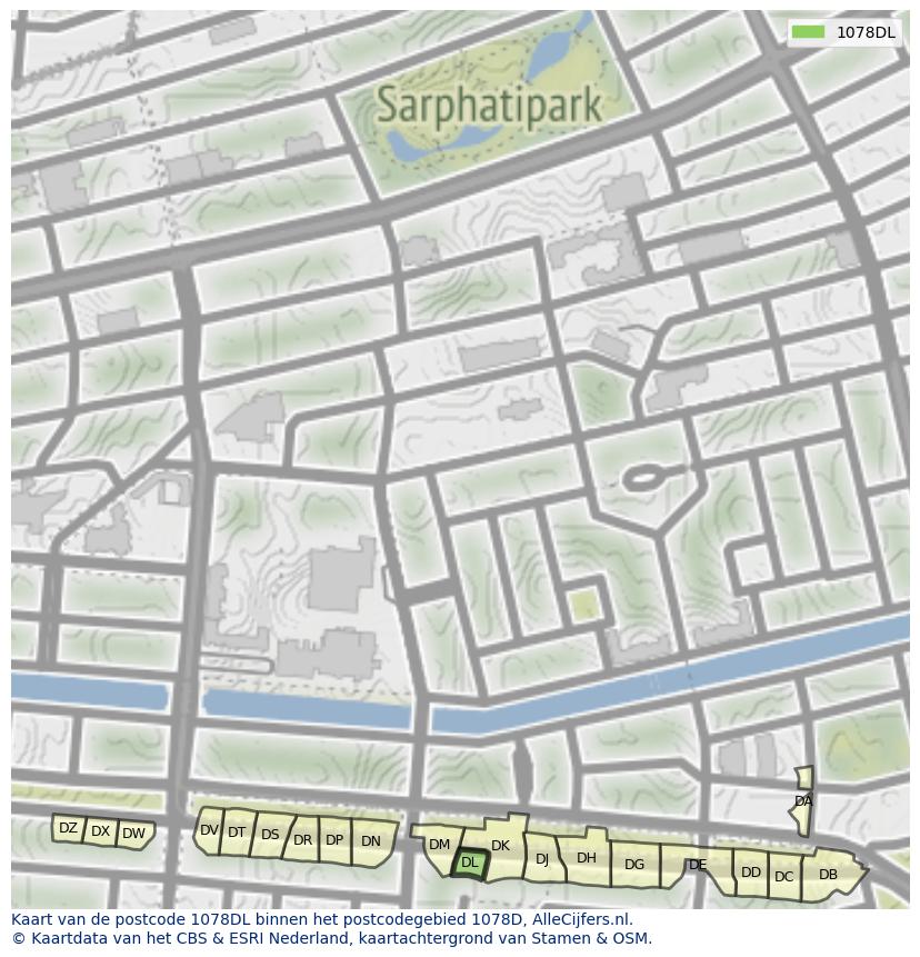 Afbeelding van het postcodegebied 1078 DL op de kaart.