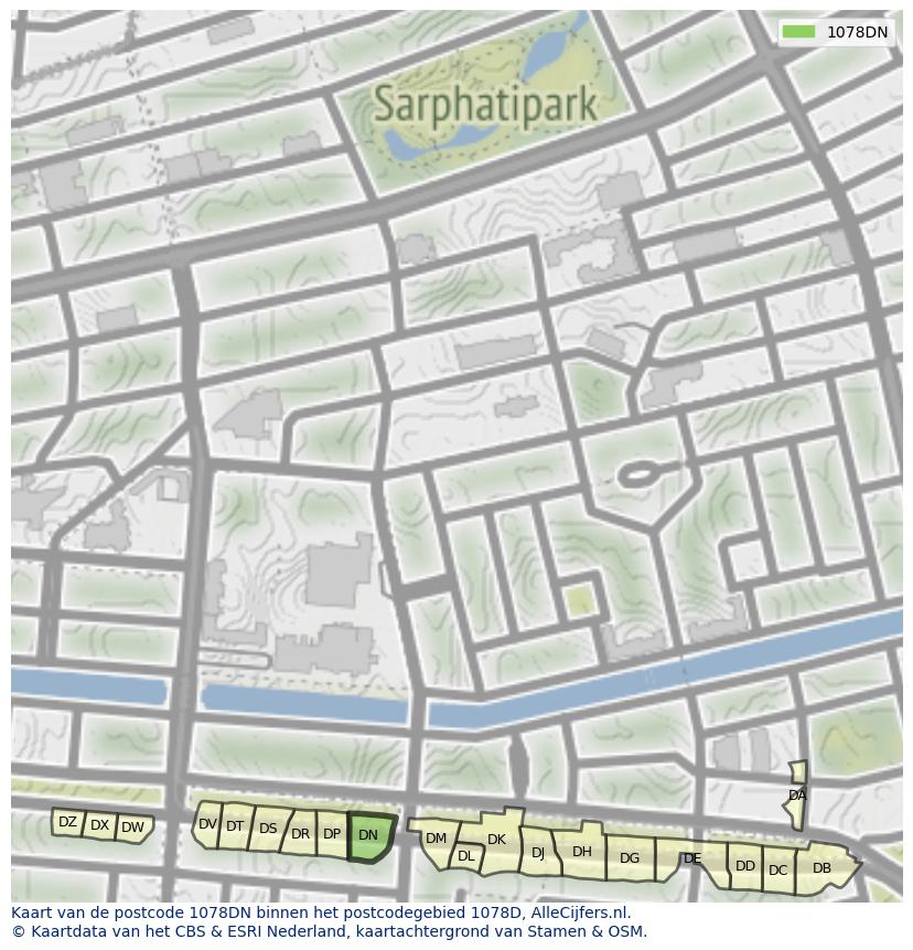 Afbeelding van het postcodegebied 1078 DN op de kaart.