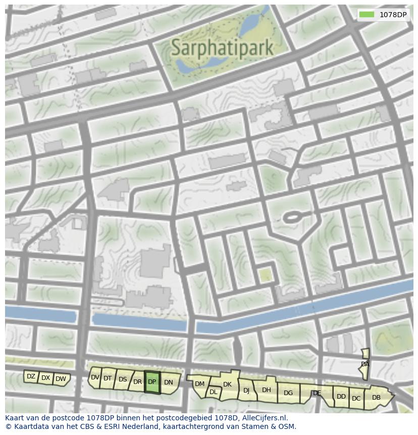 Afbeelding van het postcodegebied 1078 DP op de kaart.