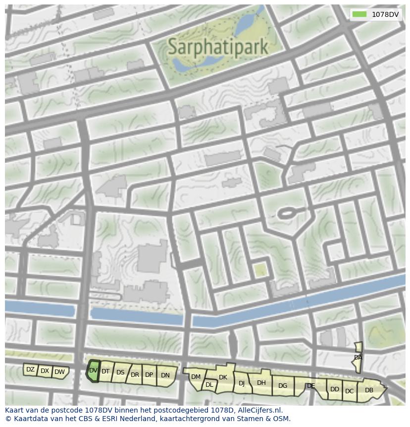 Afbeelding van het postcodegebied 1078 DV op de kaart.