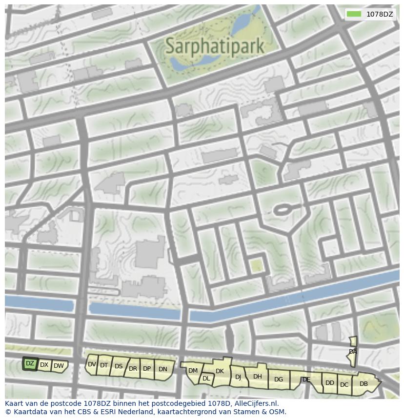 Afbeelding van het postcodegebied 1078 DZ op de kaart.