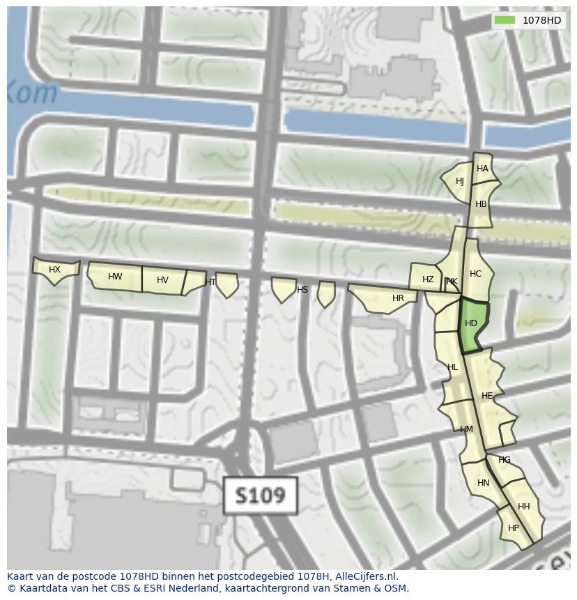 Afbeelding van het postcodegebied 1078 HD op de kaart.