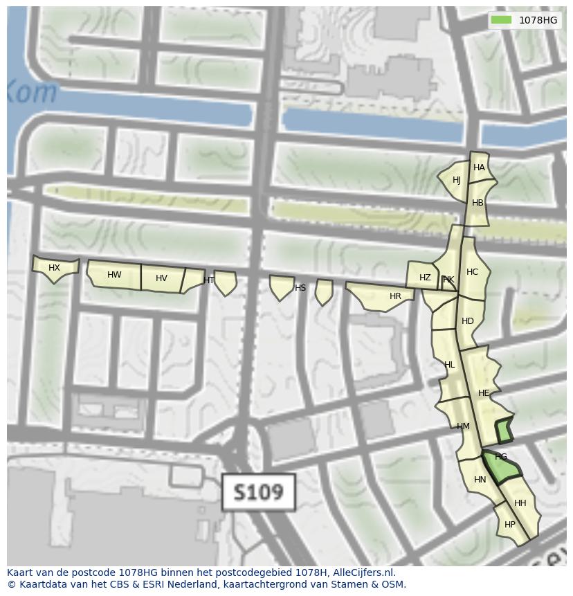 Afbeelding van het postcodegebied 1078 HG op de kaart.