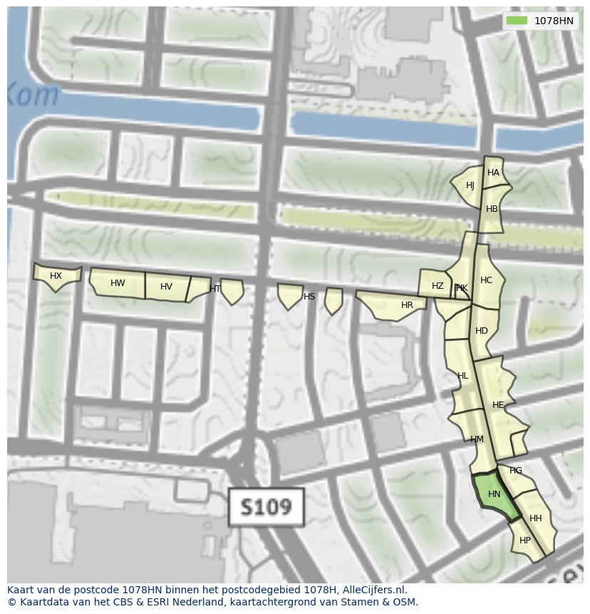 Afbeelding van het postcodegebied 1078 HN op de kaart.