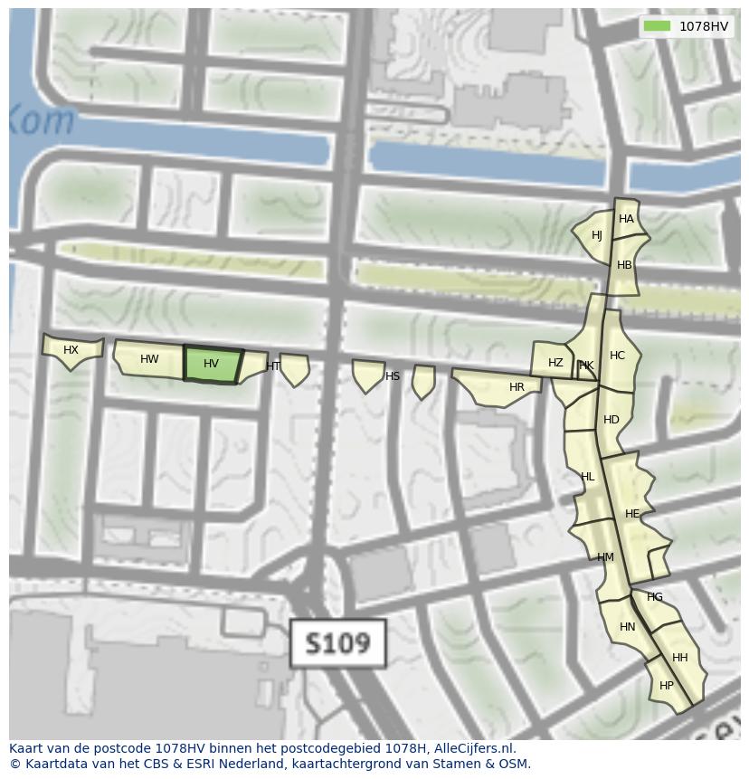 Afbeelding van het postcodegebied 1078 HV op de kaart.