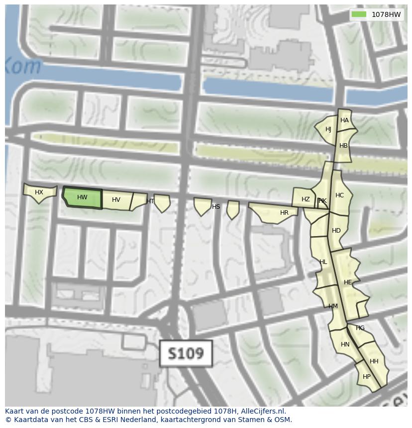 Afbeelding van het postcodegebied 1078 HW op de kaart.