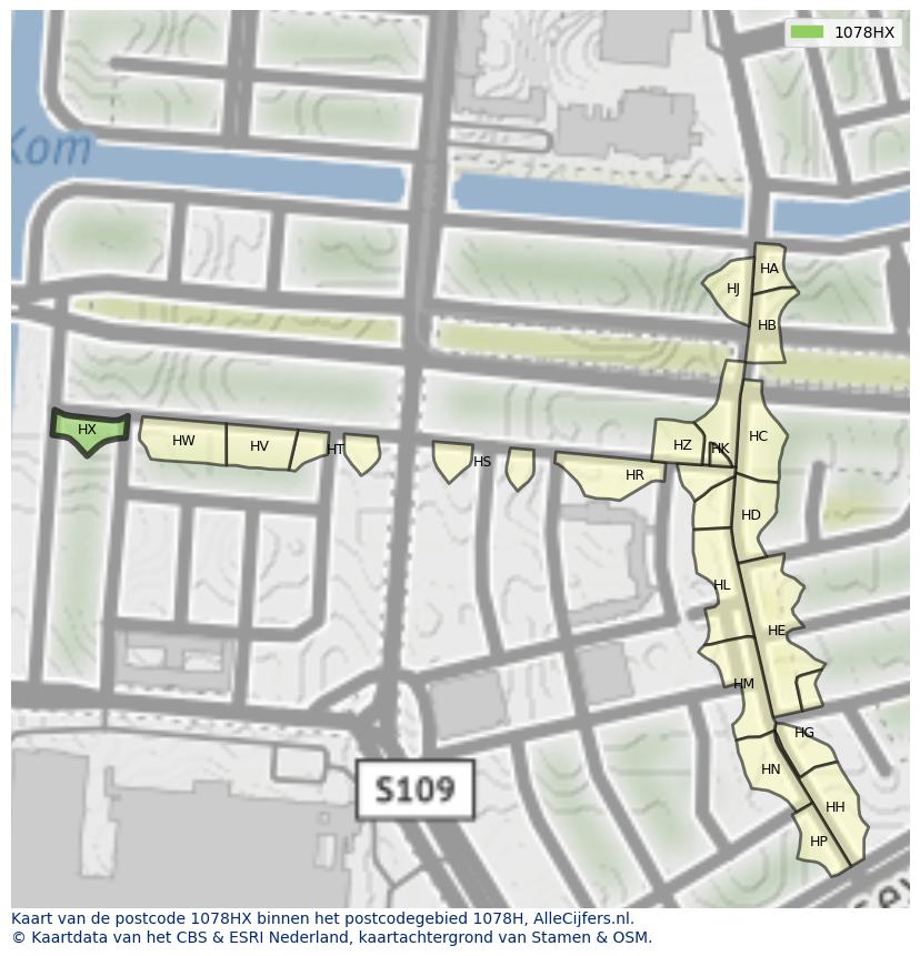 Afbeelding van het postcodegebied 1078 HX op de kaart.