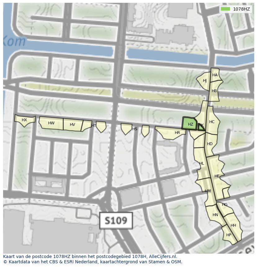 Afbeelding van het postcodegebied 1078 HZ op de kaart.
