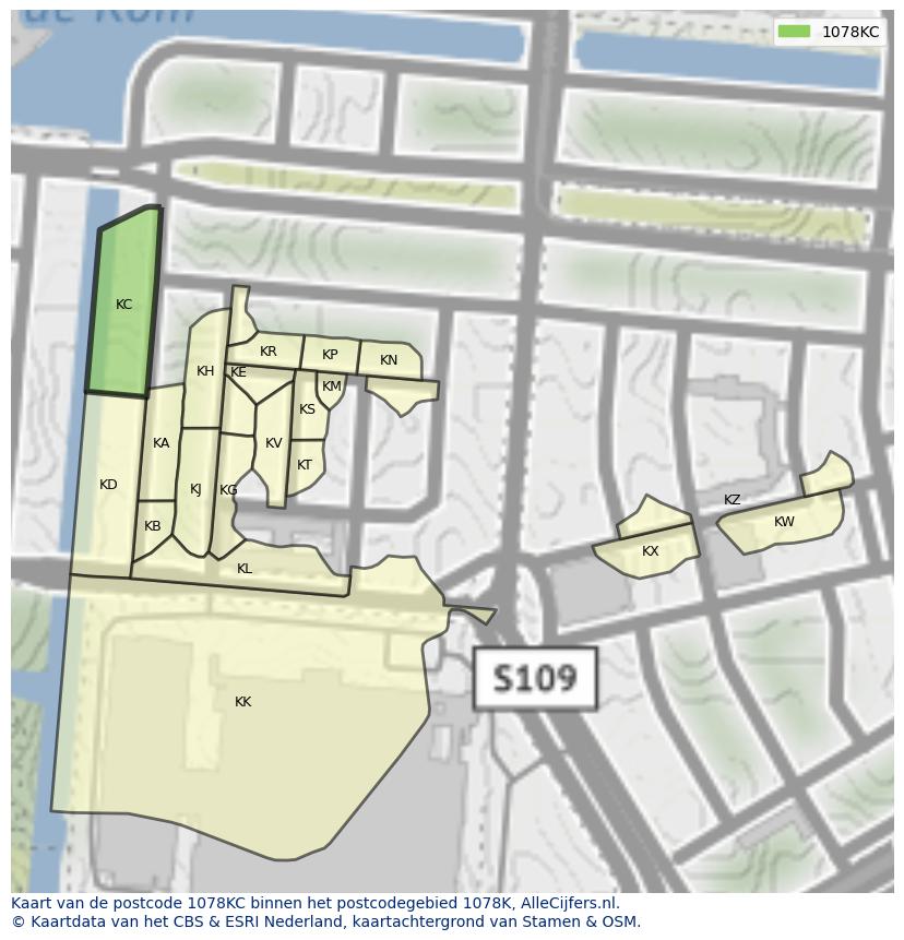 Afbeelding van het postcodegebied 1078 KC op de kaart.
