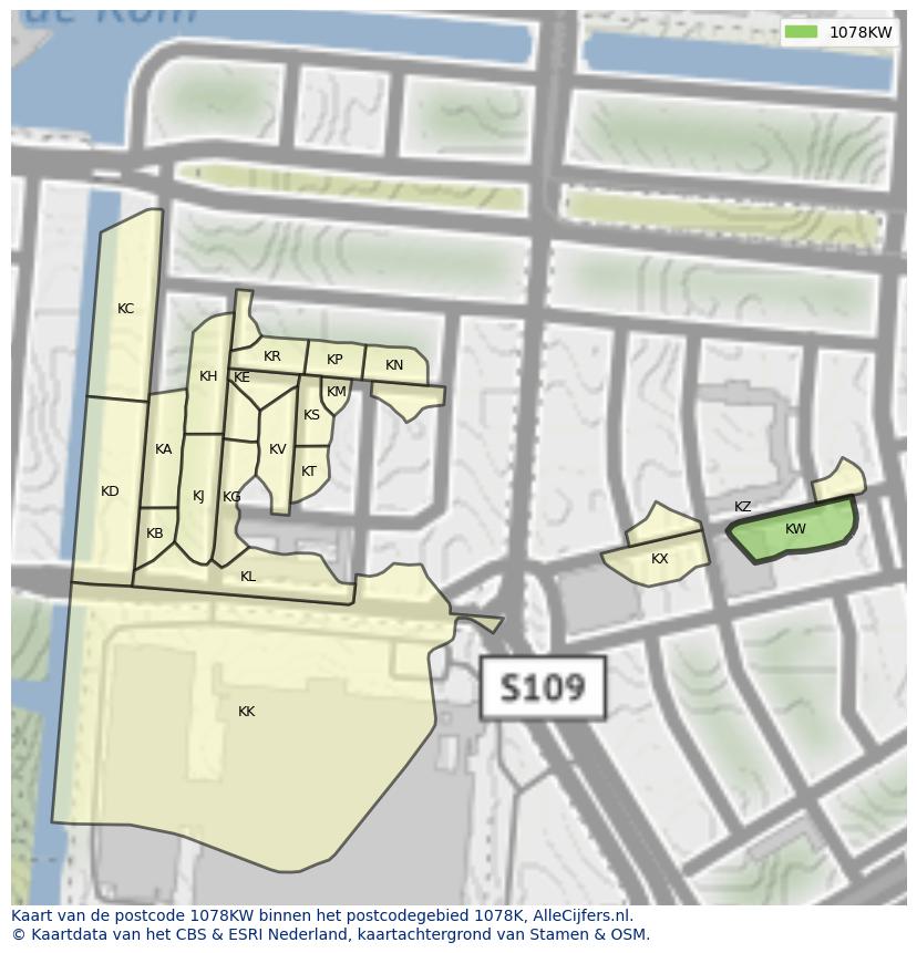 Afbeelding van het postcodegebied 1078 KW op de kaart.