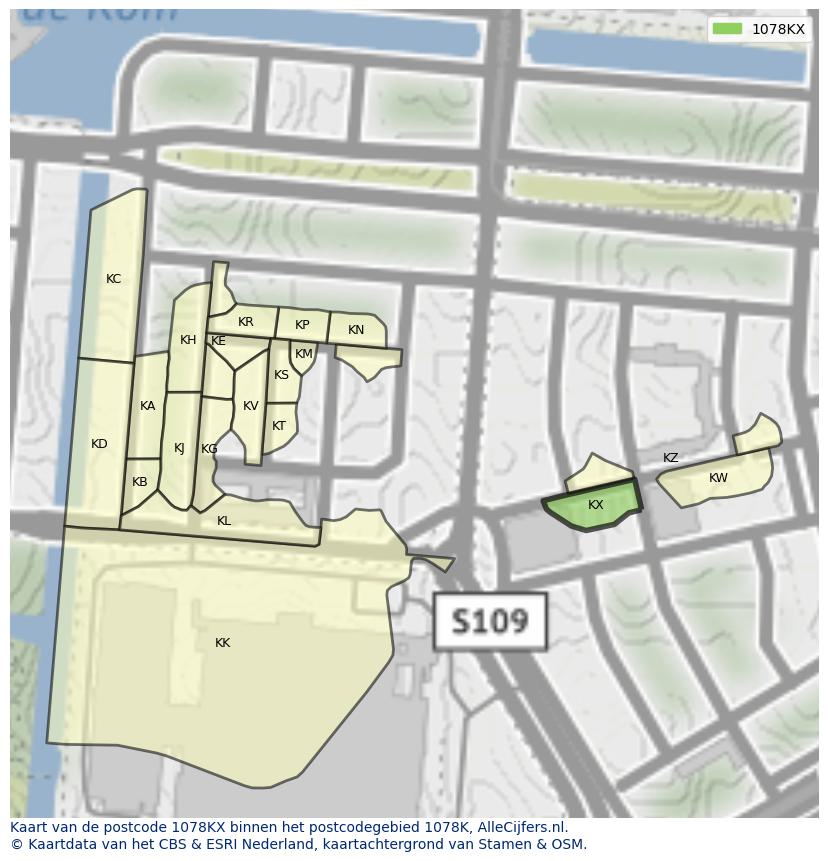 Afbeelding van het postcodegebied 1078 KX op de kaart.