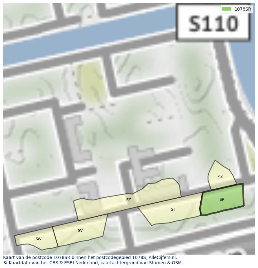 Afbeelding van het postcodegebied 1078 SR op de kaart.