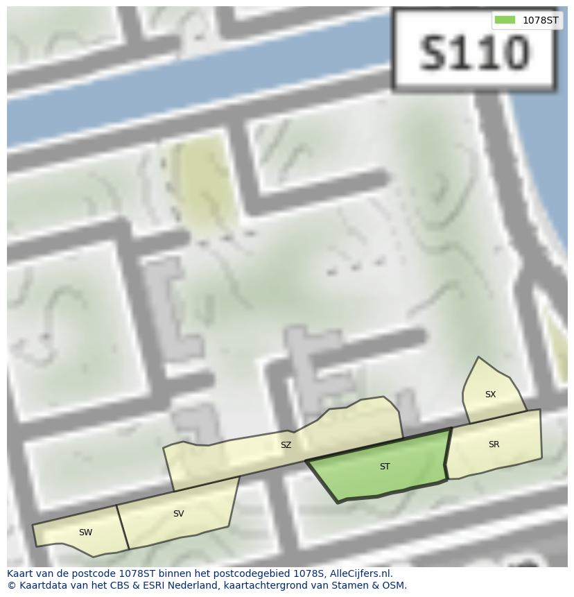 Afbeelding van het postcodegebied 1078 ST op de kaart.