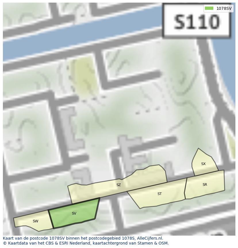 Afbeelding van het postcodegebied 1078 SV op de kaart.
