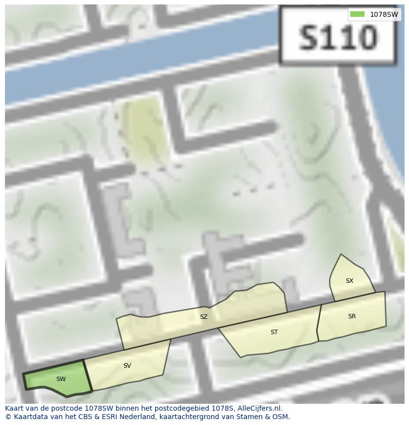Afbeelding van het postcodegebied 1078 SW op de kaart.
