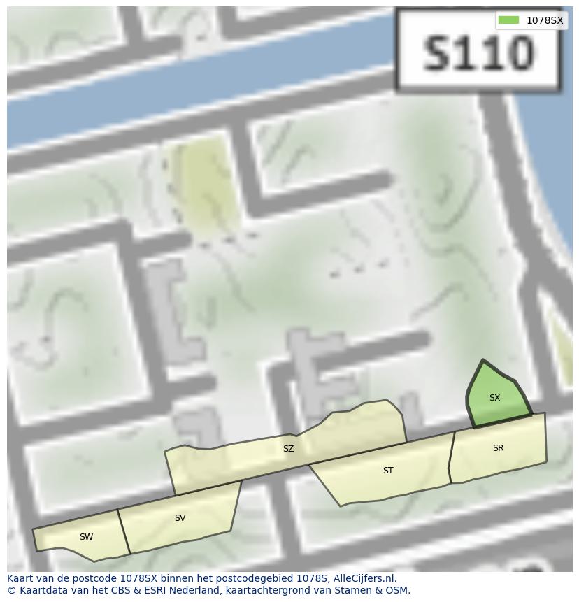 Afbeelding van het postcodegebied 1078 SX op de kaart.