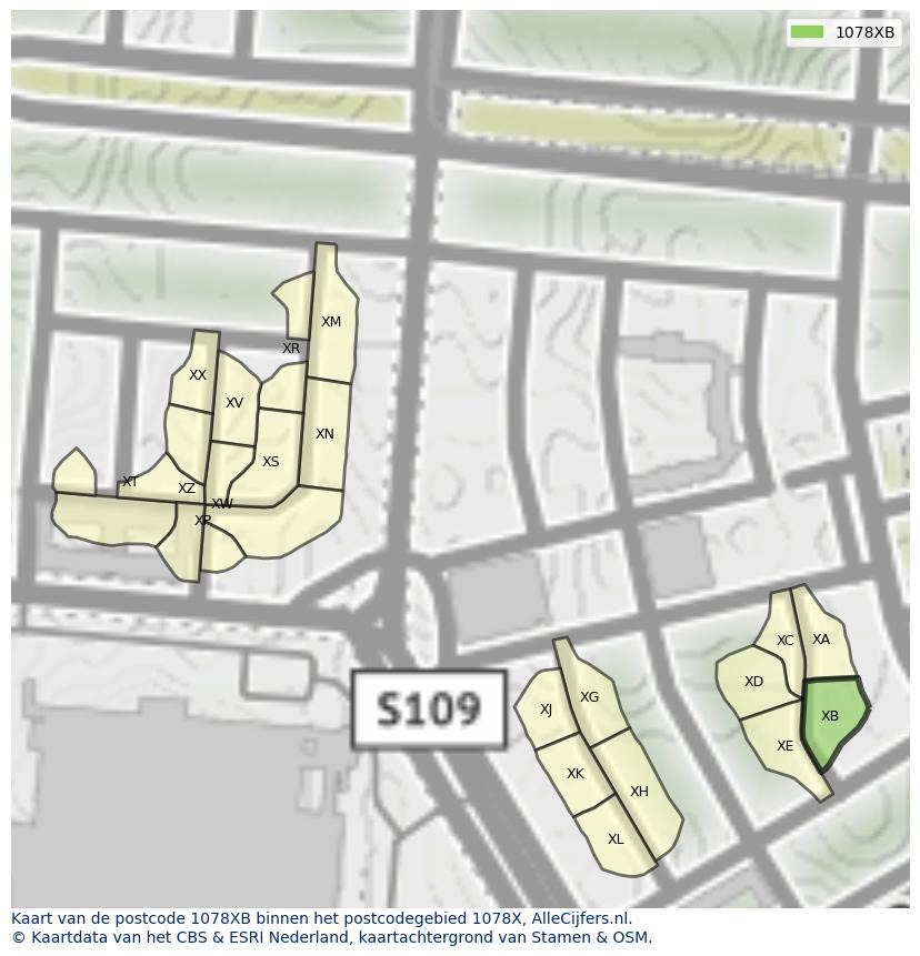 Afbeelding van het postcodegebied 1078 XB op de kaart.