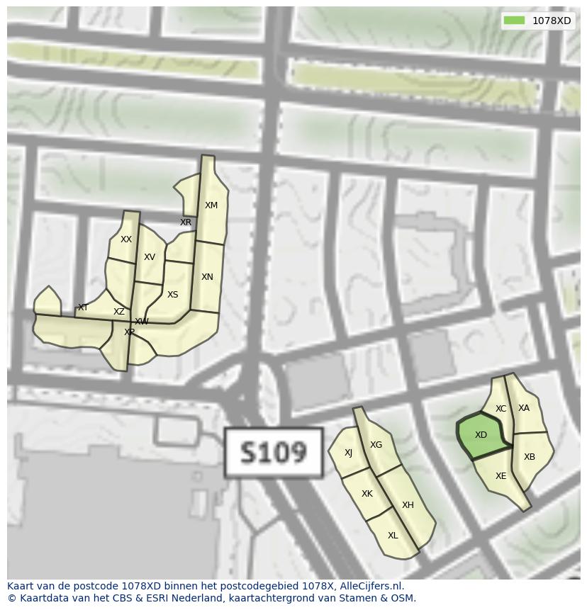 Afbeelding van het postcodegebied 1078 XD op de kaart.