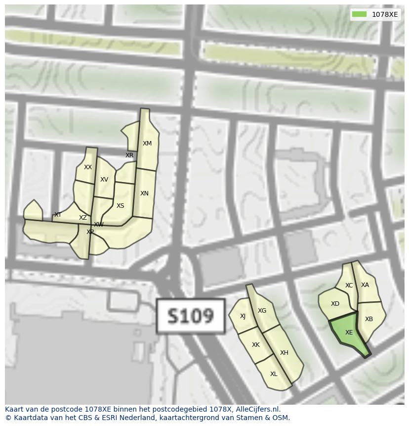 Afbeelding van het postcodegebied 1078 XE op de kaart.