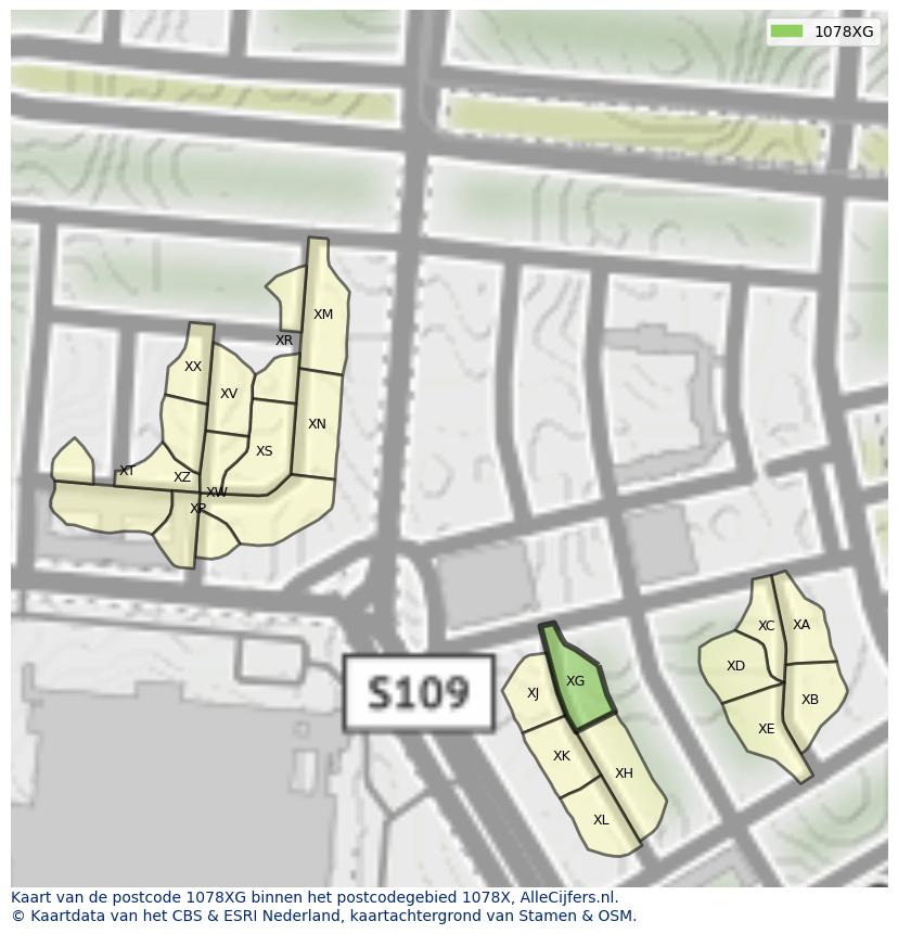 Afbeelding van het postcodegebied 1078 XG op de kaart.