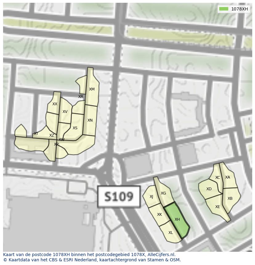 Afbeelding van het postcodegebied 1078 XH op de kaart.