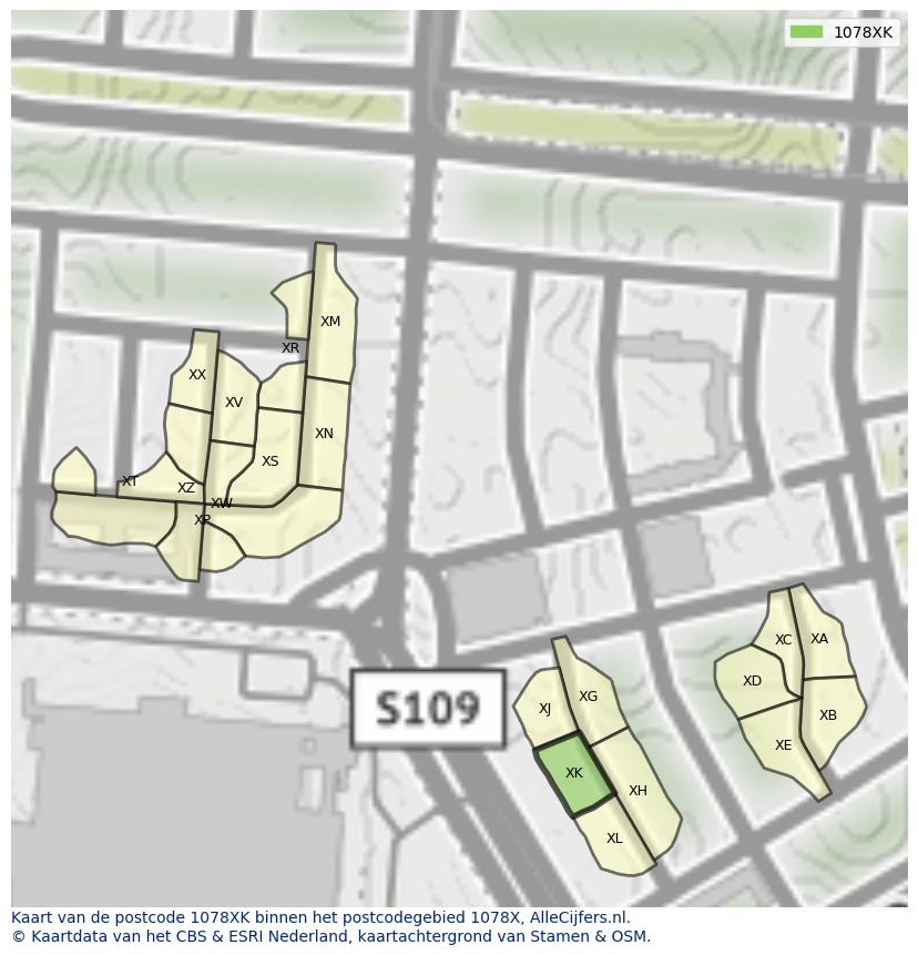 Afbeelding van het postcodegebied 1078 XK op de kaart.
