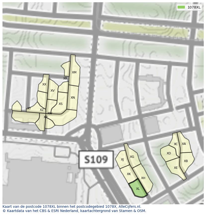 Afbeelding van het postcodegebied 1078 XL op de kaart.