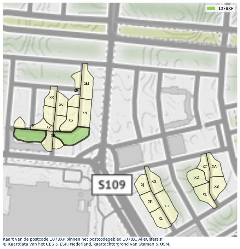 Afbeelding van het postcodegebied 1078 XP op de kaart.