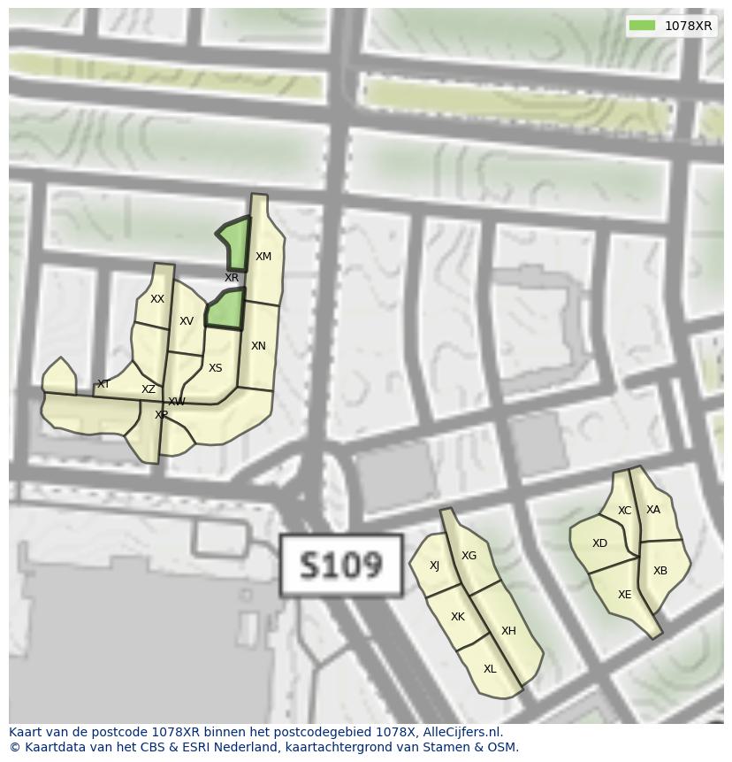 Afbeelding van het postcodegebied 1078 XR op de kaart.
