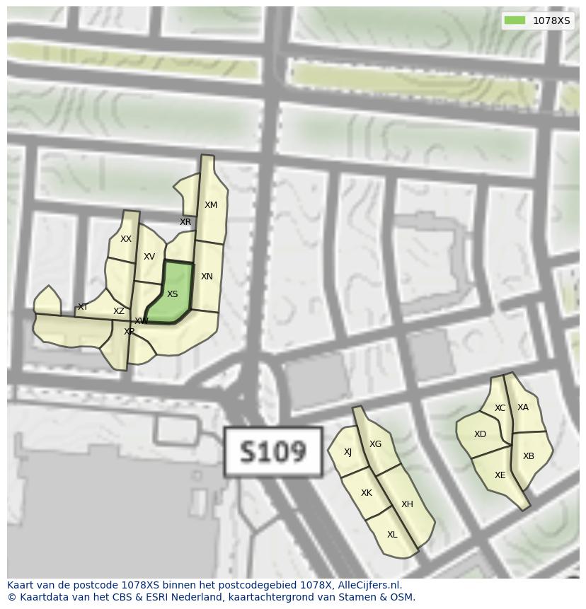 Afbeelding van het postcodegebied 1078 XS op de kaart.
