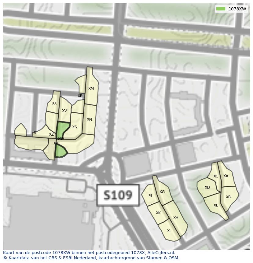 Afbeelding van het postcodegebied 1078 XW op de kaart.