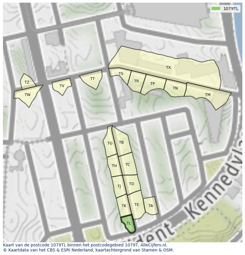 Afbeelding van het postcodegebied 1079 TL op de kaart.