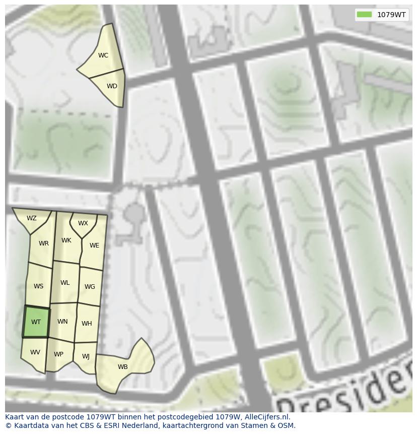 Afbeelding van het postcodegebied 1079 WT op de kaart.
