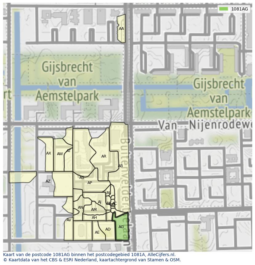 Afbeelding van het postcodegebied 1081 AG op de kaart.