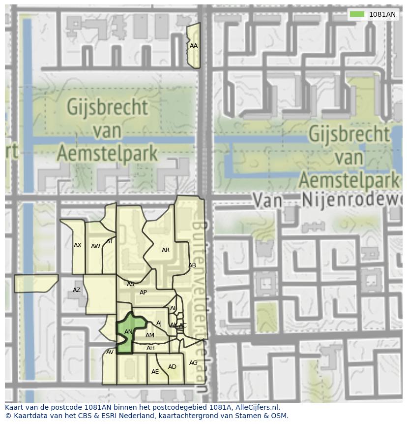 Afbeelding van het postcodegebied 1081 AN op de kaart.