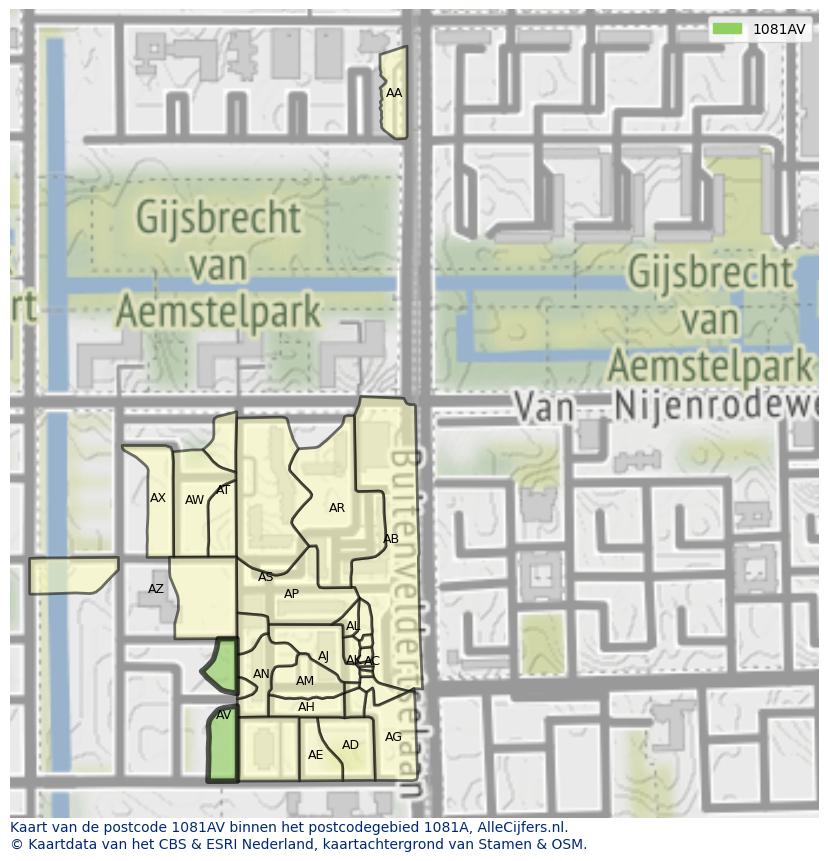 Afbeelding van het postcodegebied 1081 AV op de kaart.