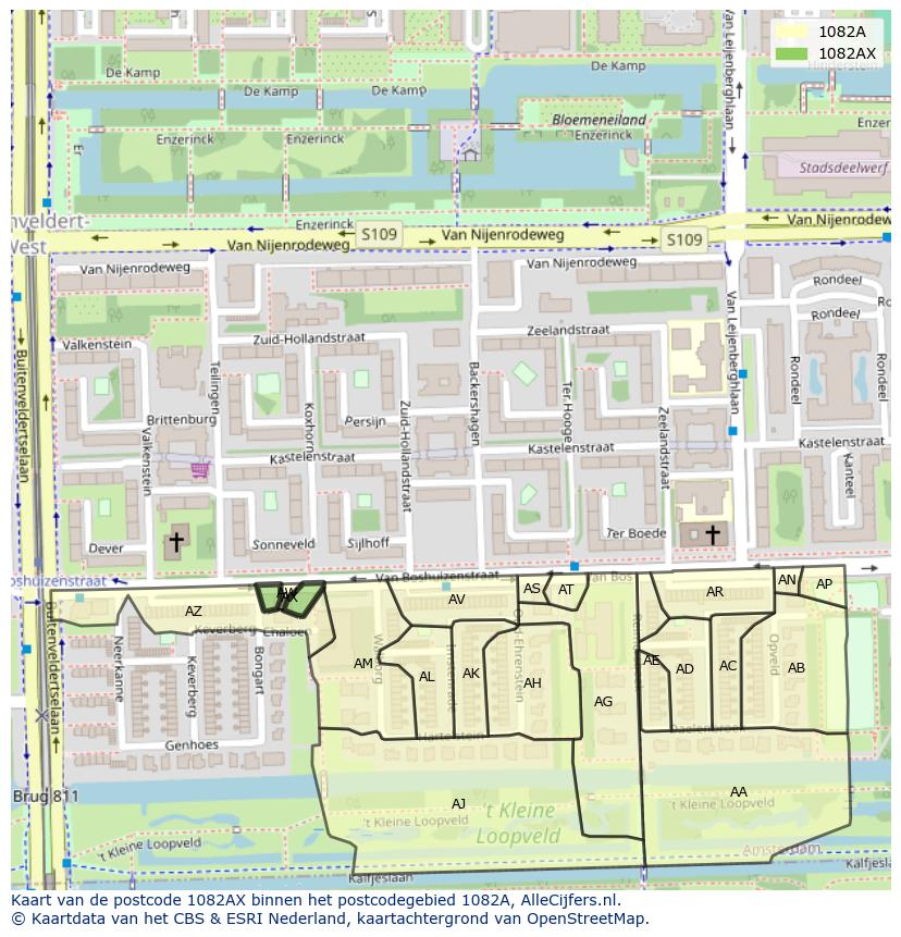 Afbeelding van het postcodegebied 1082 AX op de kaart.