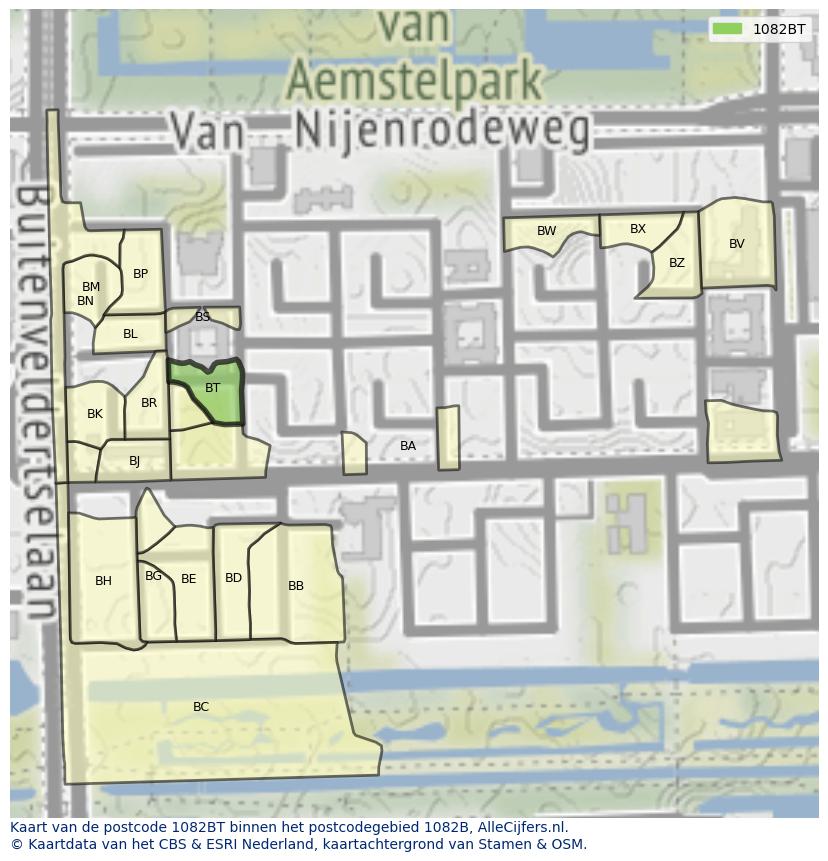 Afbeelding van het postcodegebied 1082 BT op de kaart.