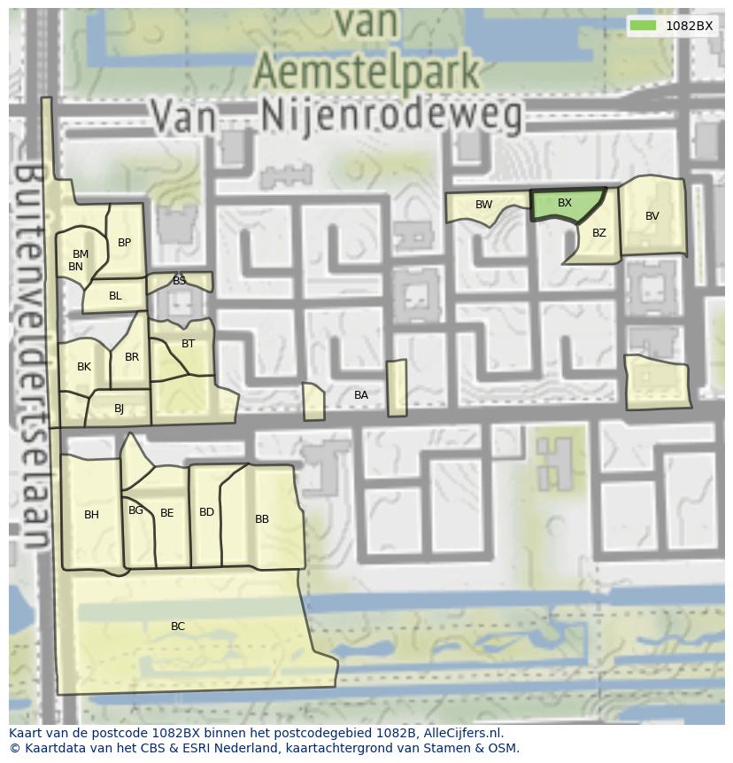 Afbeelding van het postcodegebied 1082 BX op de kaart.