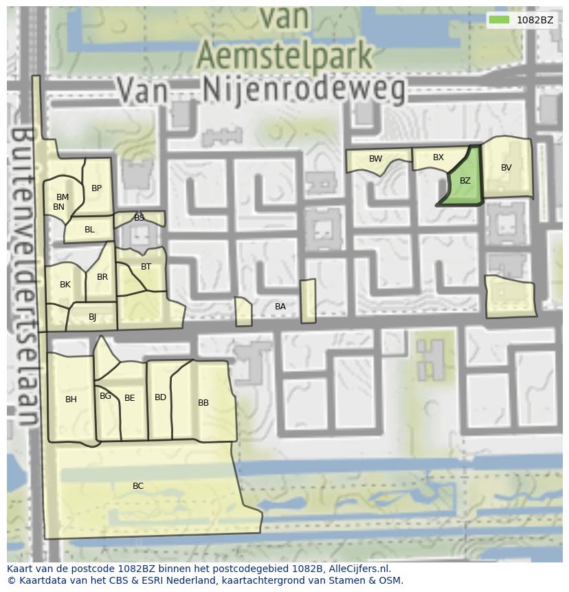 Afbeelding van het postcodegebied 1082 BZ op de kaart.