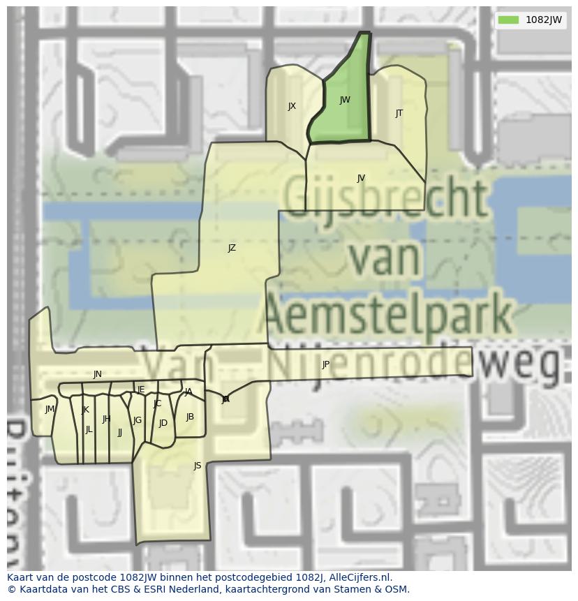 Afbeelding van het postcodegebied 1082 JW op de kaart.